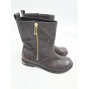 Tory Burch Elyse Moto Boots Women US 8 Chocolate Brown Leather Logo‎ Zip Side